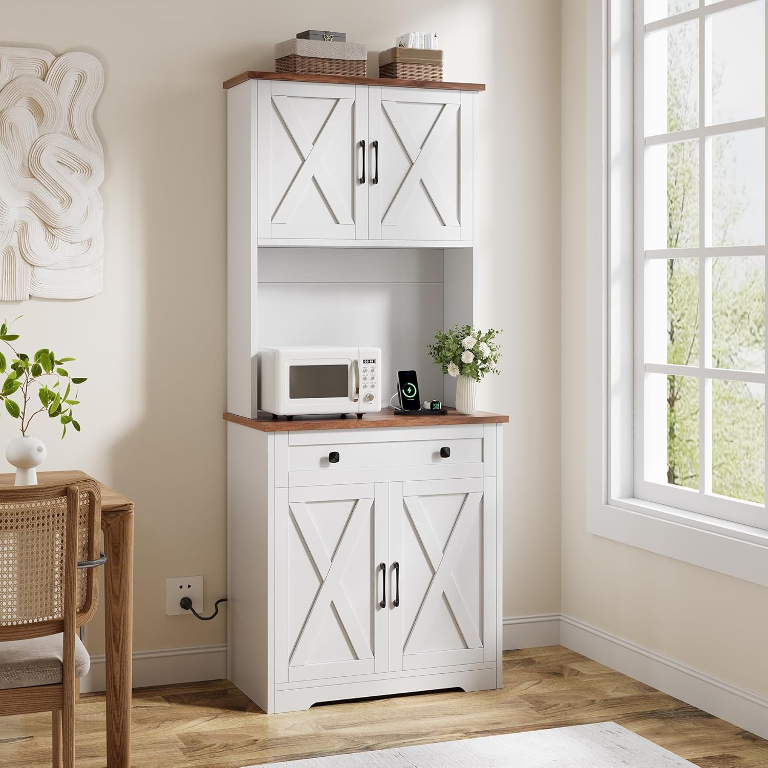 GAOMON 71" Pantry Cabinet with Charging Station, Tall Kitchen Pantry Storage Cabinet with Microwave Stand, Large Farmhouse Kitchen Hutch with Cabinet Doors & Drawer for Living Room, Dining Room