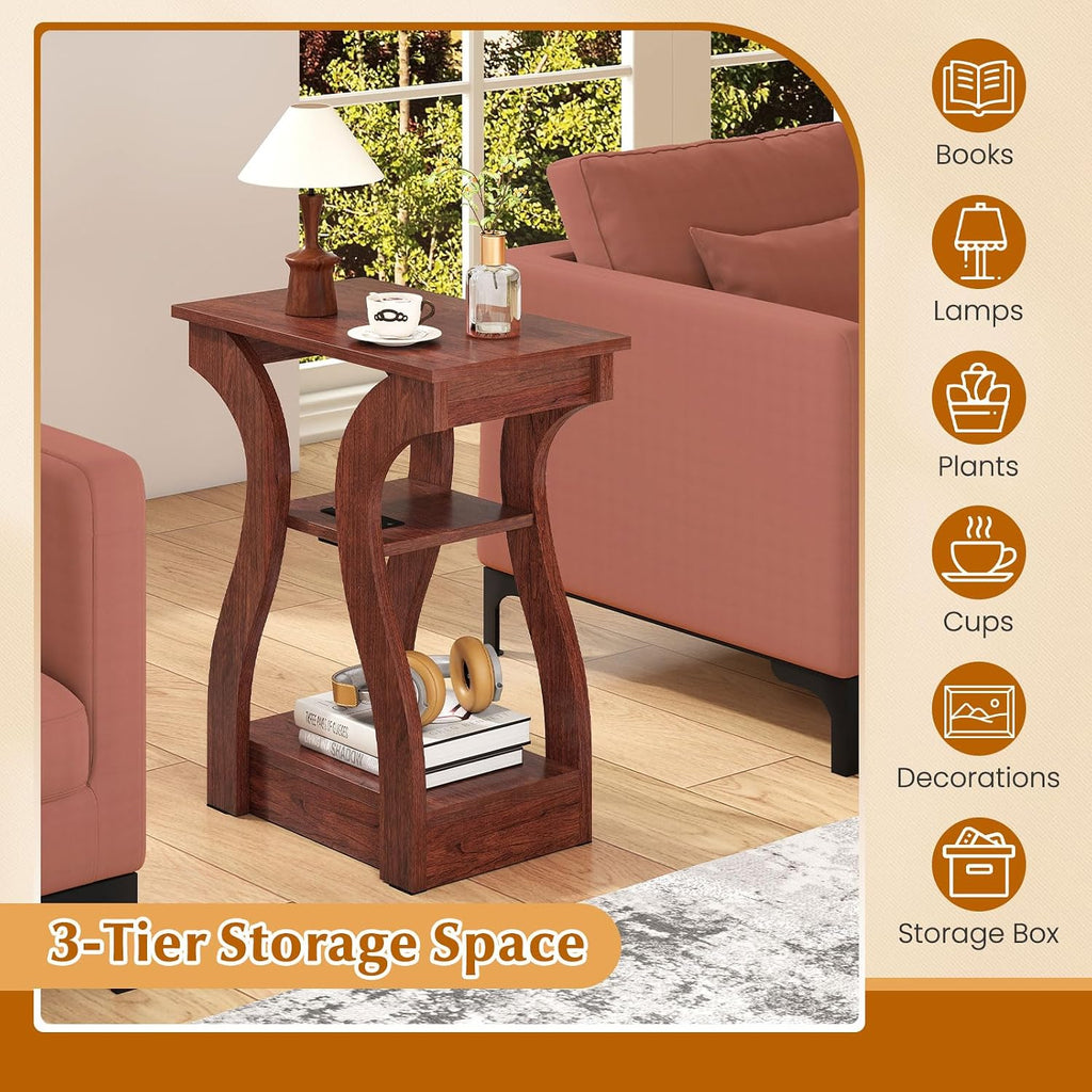Giantex Narrow End Tables with Charging Station Set of 2, Wood Sofa Side Tables with Open Storage Shelves, Bedside Tables with USB Ports & Outlets, Vintage Nightstands for Living Room, Bedroom, Cherry