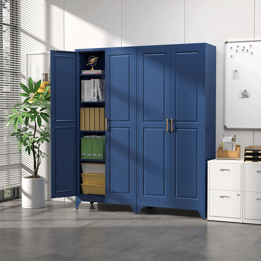 SteeLoong Kitchen Pantry Cabinet,75”Blue Metal Storage Cabinets with Doors and 4 Adjustable Shelves,Kitchen Cabinet with 2 Gold Handles,Tall Cabinet for Livingroom,Pantry, Bathroom