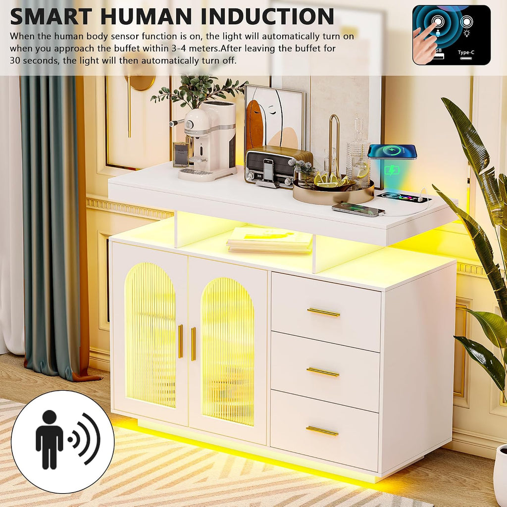 Gurexl 40" LED Buffet Cabinet with Wireless Charging Station,Auto Sensor RGB 20-Color Dimmable Sideboard with Human Body Induction,Sideboards Cabinet with 1 USB&Type-C Port and 3 Drawers