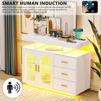 Gurexl 40" LED Buffet Cabinet with Wireless Charging Station,Auto Sensor RGB 20-Color Dimmable Sideboard with Human Body Induction,Sideboards Cabinet with 1 USB&Type-C Port and 3 Drawers