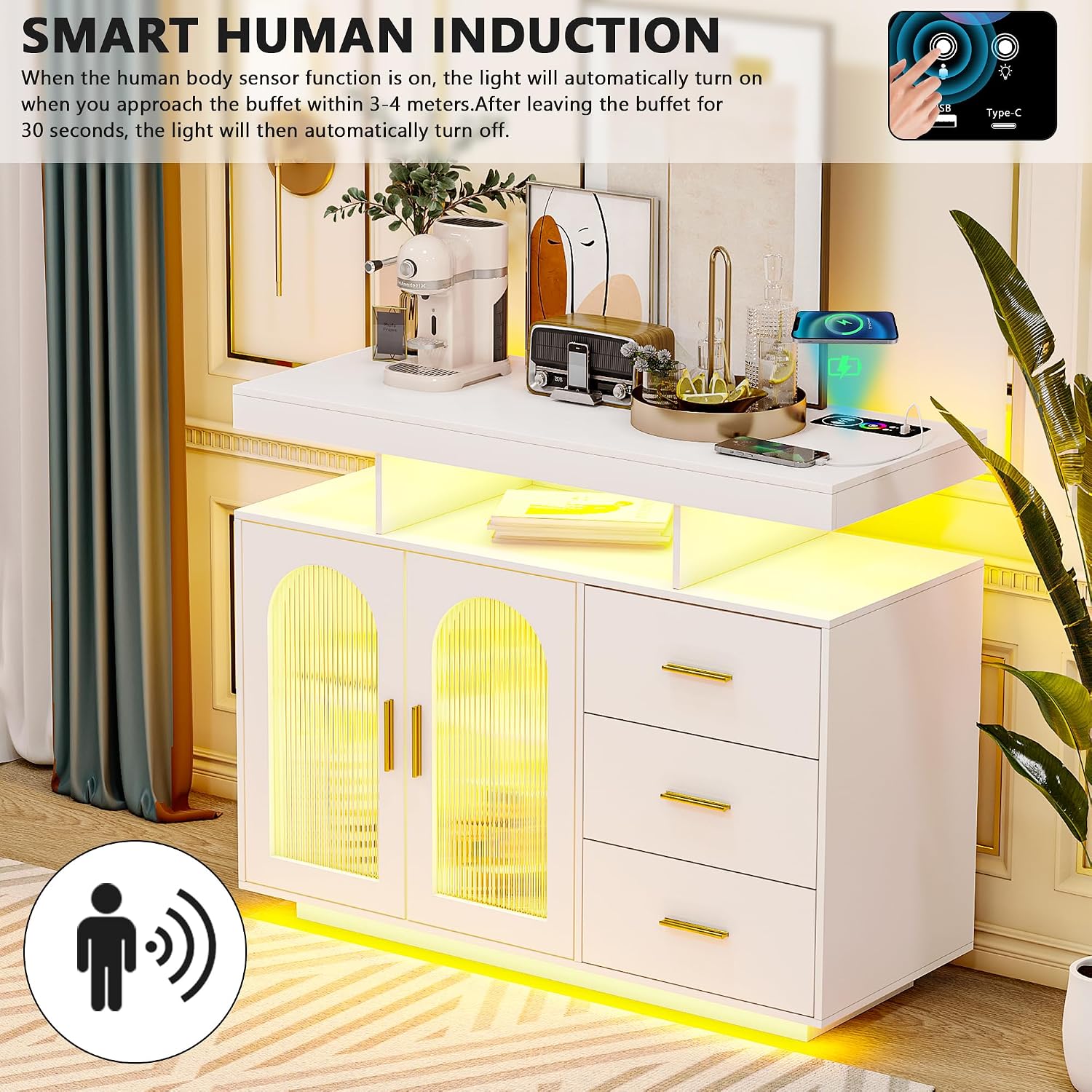 Gurexl 40" LED Buffet Cabinet with Wireless Charging Station,Auto Sensor RGB 20-Color Dimmable Sideboard with Human Body Induction,Sideboards Cabinet with 1 USB&Type-C Port and 3 Drawers