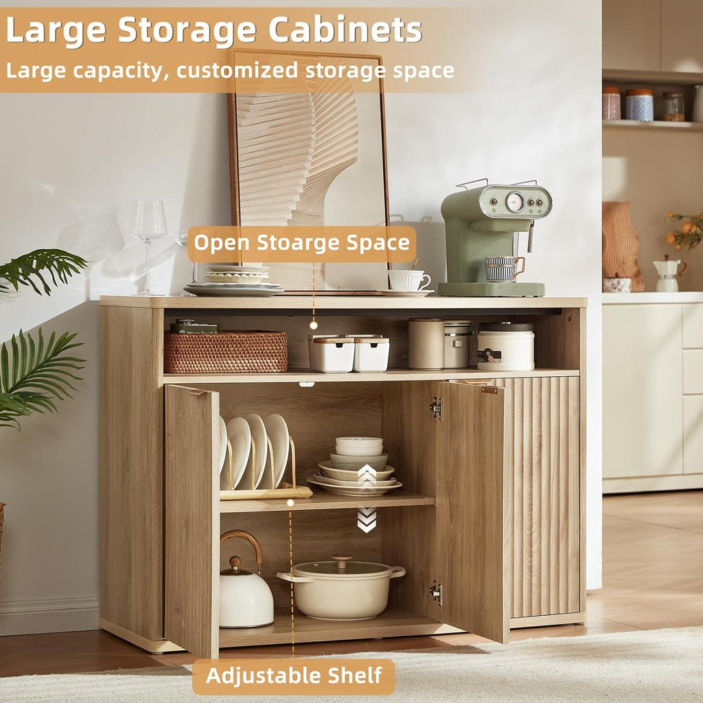 LEYAOYAO Buffet Cabinet with Storage, 45" Wide Fluted Accent Sideboard Credenza with 3 Doors & Open Storage Shelf, Modern Kitchen Wood Media Console Cabinet for Living Room, Entryway, Natural Oak