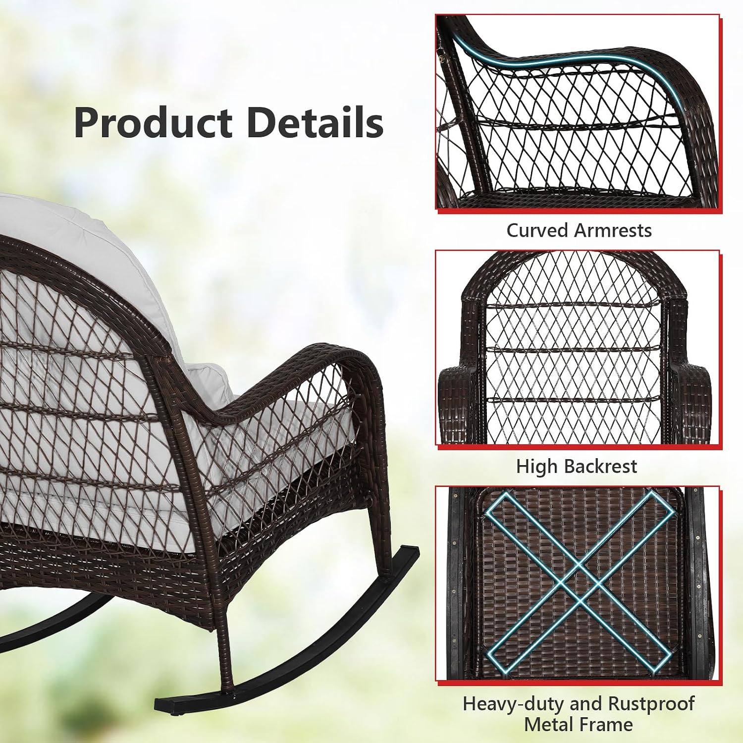 Tangkula Outdoor Wicker Rocking Chair, Patio Rattan Rocker with Seat Back Cushions & Waist Pillow, Sturdy Metal Frame, Mix Brown Outdoor Rocker for Balcony, Porch, Backyard