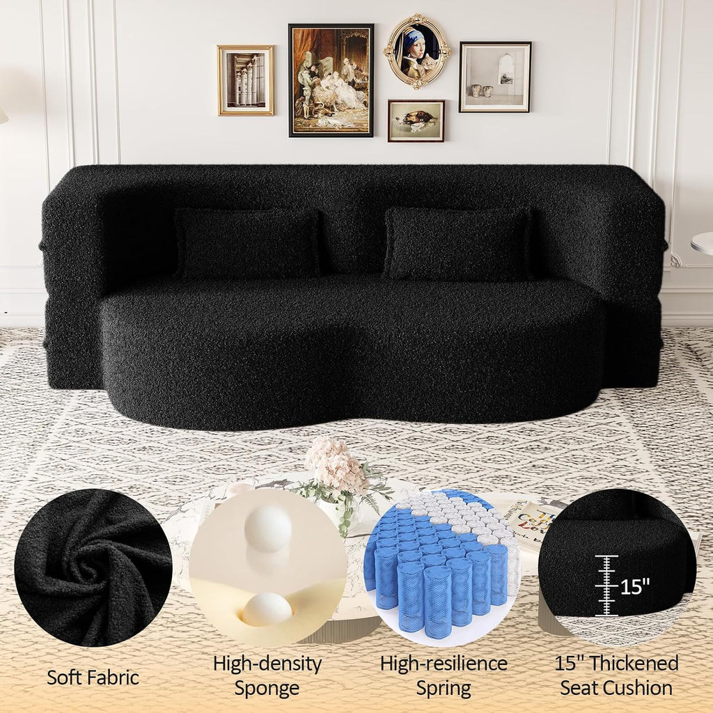 CAPCAEK Folding Sofa Bed,15" Full Size Boneless Couch for Living Room, Teddy Fabric Foam-Filled, Convertible Loveseat Sleeper Sofa Bed (Black-Teddy)