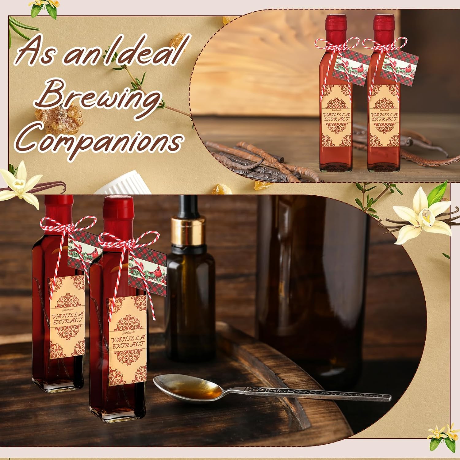 Tioncy 12 Set Vanilla Extract Bottles for Homemade 8.5 oz Glass Vanilla Jar Bottle for Syrup Gifts with Cap Shrink Band Hummingbird Tag Stickers Syrup Gifts Giving for Christmas (Clear)