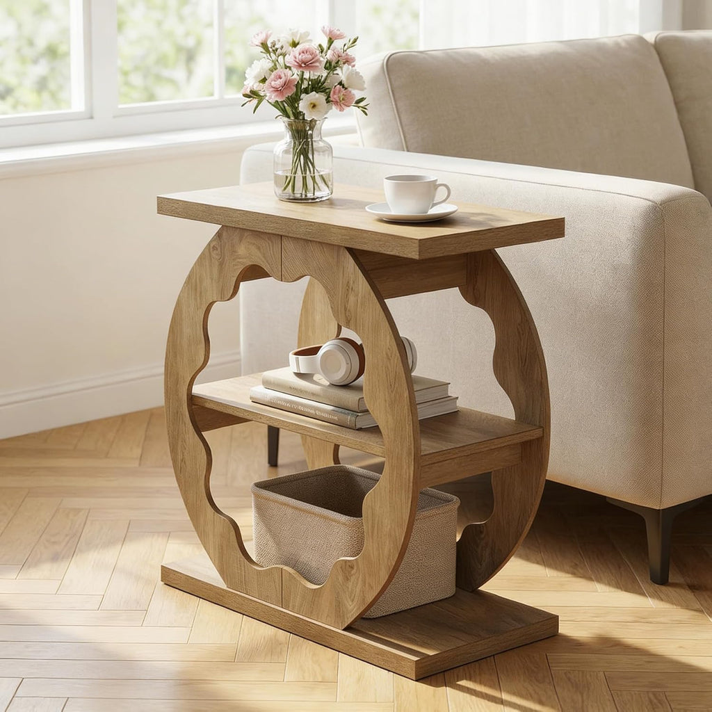Tribesigns End Table Set of 2, Narrow Side Table with Storage, 3-Tier Couch End Table Bedside Tables for Small Spaces, Bedroom, Natural Oak