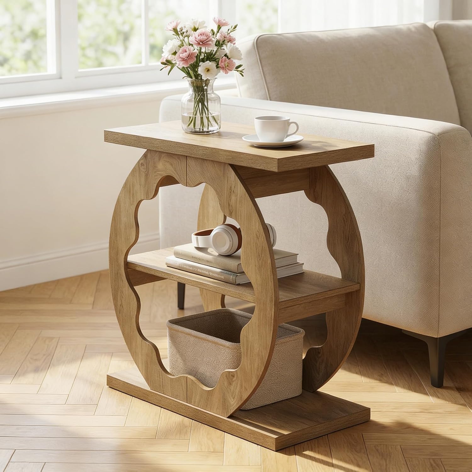 Tribesigns End Table Set of 2, Narrow Side Table with Storage, 3-Tier Couch End Table Bedside Tables for Small Spaces, Bedroom, Natural Oak