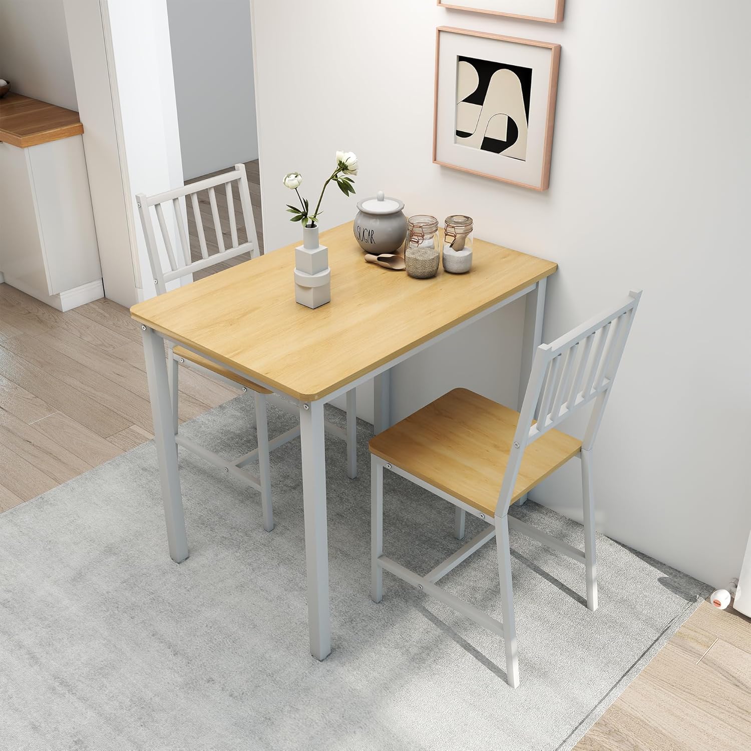 3-Piece Dining Table Set for 2, Space-Saving Kitchen Table Set for Small Spaces, Industrial Breakfast Table for Apartment, Studio & Nook, Natural Wood & Metal,Natural