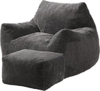 Big Bean Bag Chair for Adults, Ultra Soft Living Room Bean Bag with Armrests & Ottoman, Stuffed BeanBag Chair for Napping, Gaming, Vacuum-Compressed for Easy Gifting, 48h to Expand Dark Gray