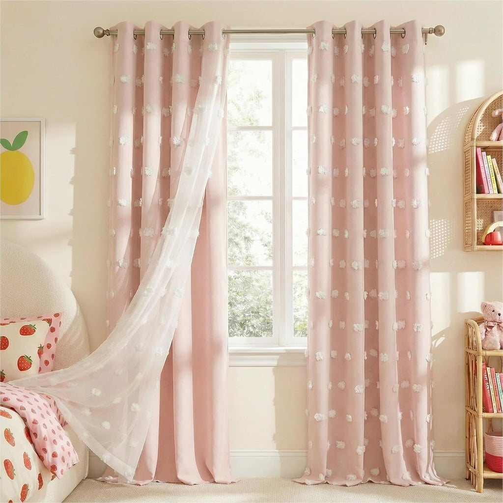 NICETOWN Pom Pom Pink Curtains for Kids Room 84 inches Long, Room Darkening Double Layer Sheer Thermal Drapes Grommet Window Treatments for Girls Bedroom/Nursery, W52 x L84, 2 Panels