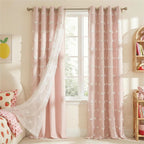 NICETOWN Pom Pom Pink Curtains for Kids Room 84 inches Long, Room Darkening Double Layer Sheer Thermal Drapes Grommet Window Treatments for Girls Bedroom/Nursery, W52 x L84, 2 Panels