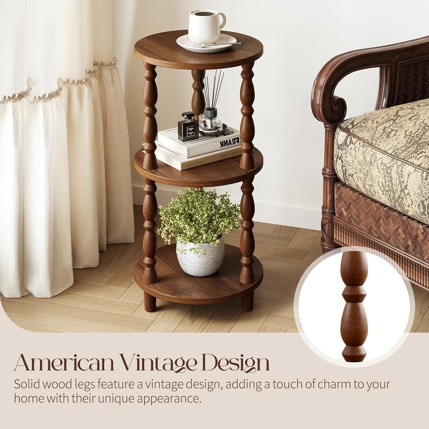 Yoobure Small Round Side Table - 3-Tier End Table with Storage Shelf, Narrow Bedside Table Nightstand for Bedroom, Accent End Tables Living Room, Wood Side Tables for Small Spaces, Office, Walnut