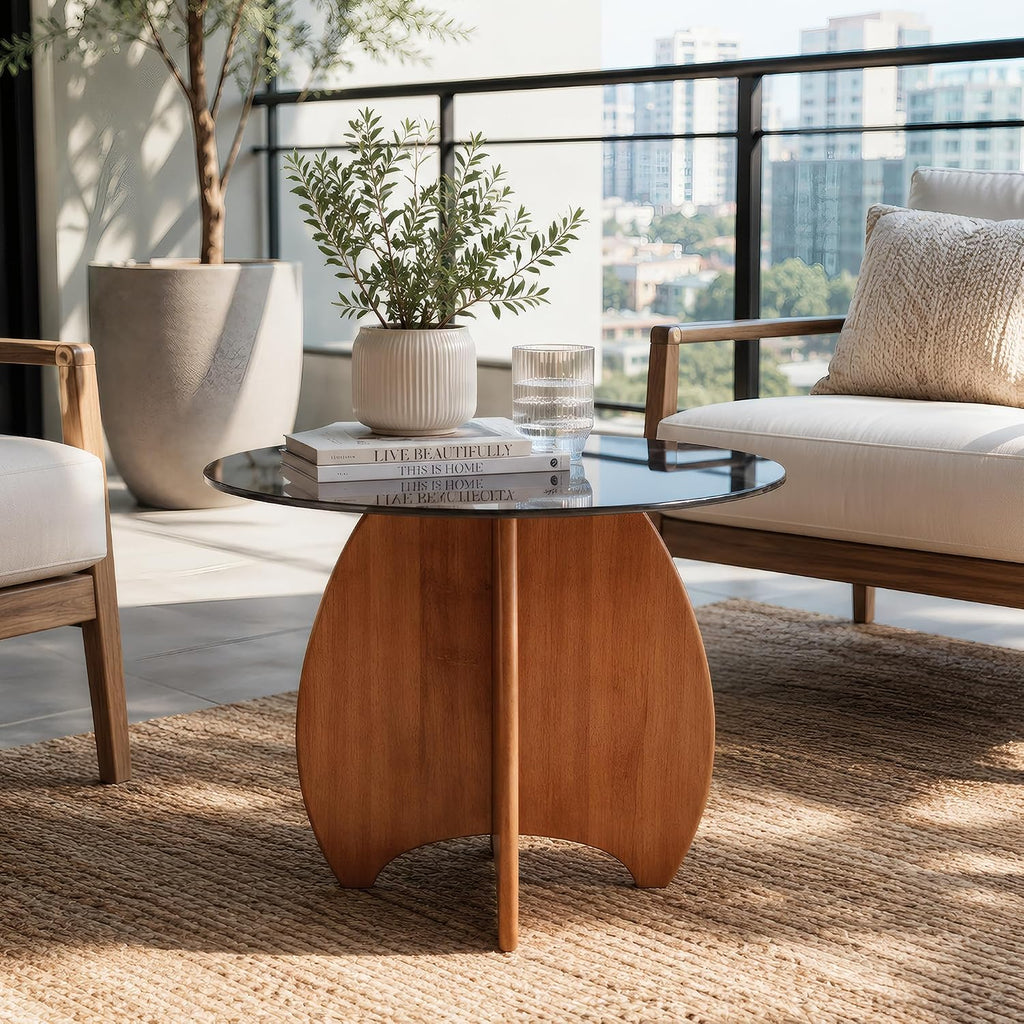 Modern Round Side Table for Living Room, 19.7" Glass Top End Table | Coffee Table with Walnut Rubber Wood Sculptural Petal Base for Living Room Sofa Corner Bedroom