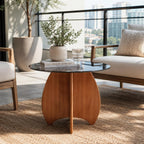 Modern Round Side Table for Living Room, 19.7" Glass Top End Table | Coffee Table with Walnut Rubber Wood Sculptural Petal Base for Living Room Sofa Corner Bedroom