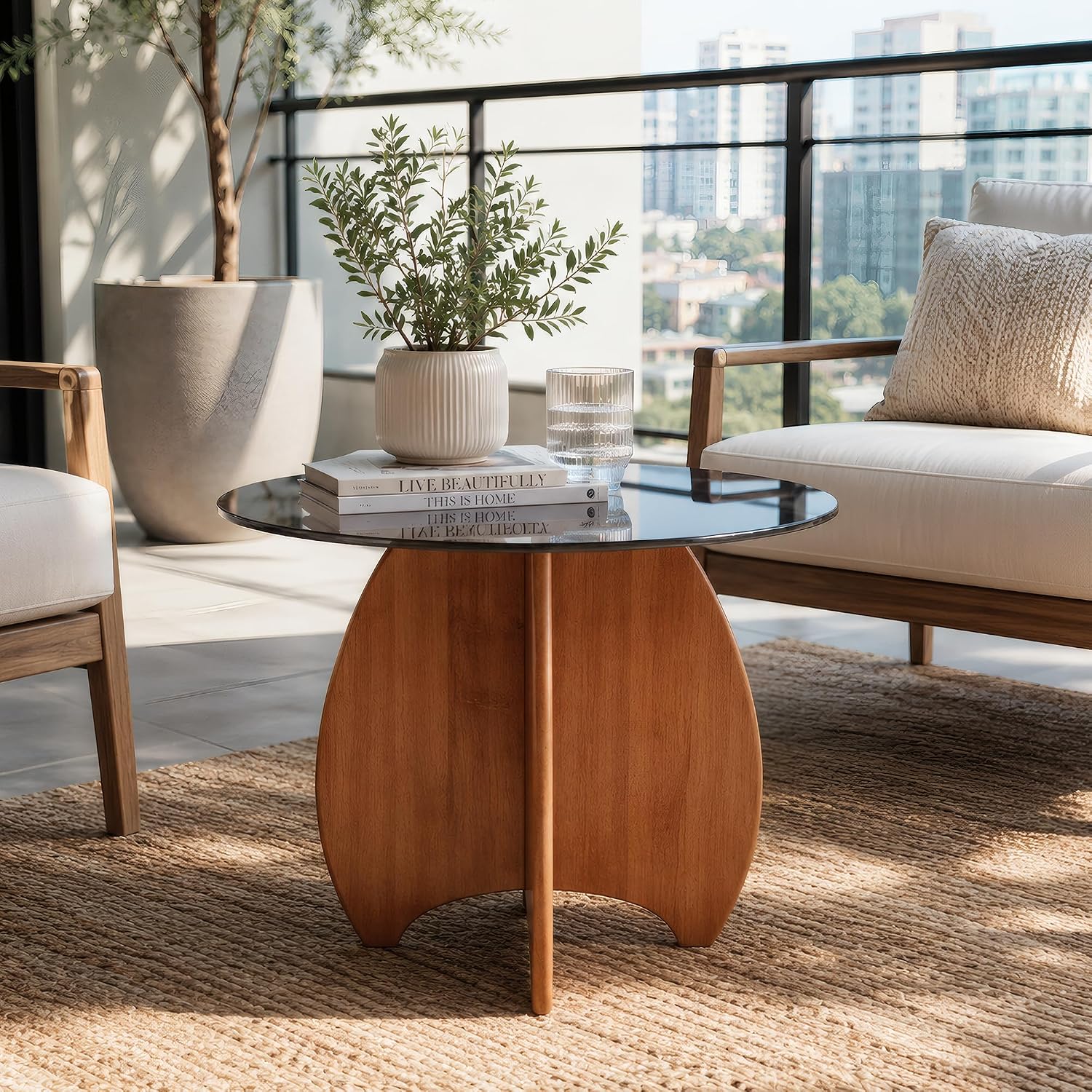 Modern Round Side Table for Living Room, 19.7" Glass Top End Table | Coffee Table with Walnut Rubber Wood Sculptural Petal Base for Living Room Sofa Corner Bedroom