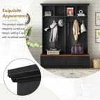 Merax Wood Hall Tree with 6 Hooks & Entryway Bench, Farmhouse Mudroom Versatile Coat Racks with 2 Large Drawers, Entrance Organizer for Hallway, Black