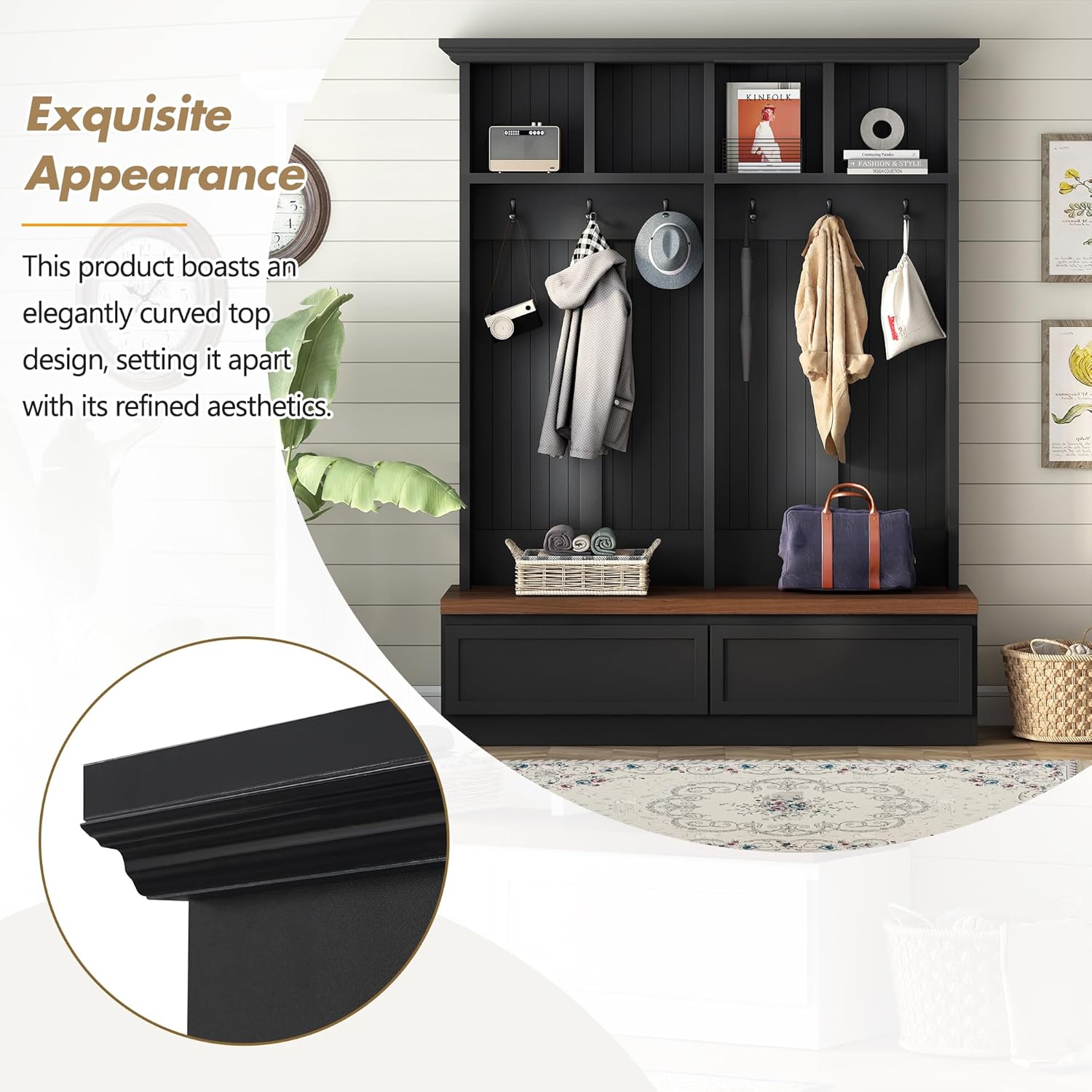 Merax Wood Hall Tree with 6 Hooks & Entryway Bench, Farmhouse Mudroom Versatile Coat Racks with 2 Large Drawers, Entrance Organizer for Hallway, Black