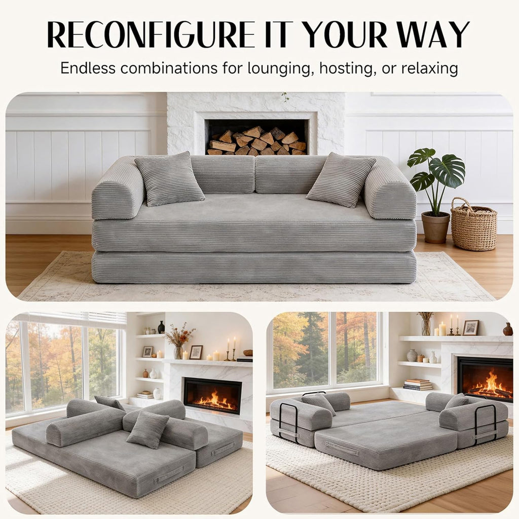 79'' Convertible Sofa Bed, Boneless Couch-in-a-Box, Corduroy Floor Futon Loveseat Sleeper, 26'' Deep Seat, Removable Machine-Wash Covers, No Assembly, 2 Pillows, Light Grey