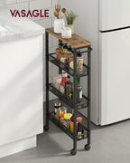 VASAGLE Slim Rolling Cart, 4-Tier Narrow Storage Cart with Handle, 5.1 Inches Deep, Metal Frame, for Kitchen, Dining Room, Living Room, Home Office, Rustic Brown and Classic Black ULRC032B01V1