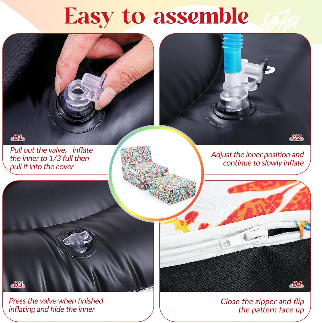 Gemscream Outdoor Inflatable Bean Bag Chair and Ottoman, Portable Inflatable Bean Bag and Ottoman with Handle for Patio Garden Home Boho Decorative Living Room (Paisley Pattern)