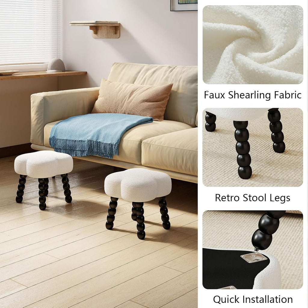 White Ottoman, Small Footrest with Storage Space, Unique Shaped Ottoman with Wood Legs，Faux Teddy Fur(Clover-White)