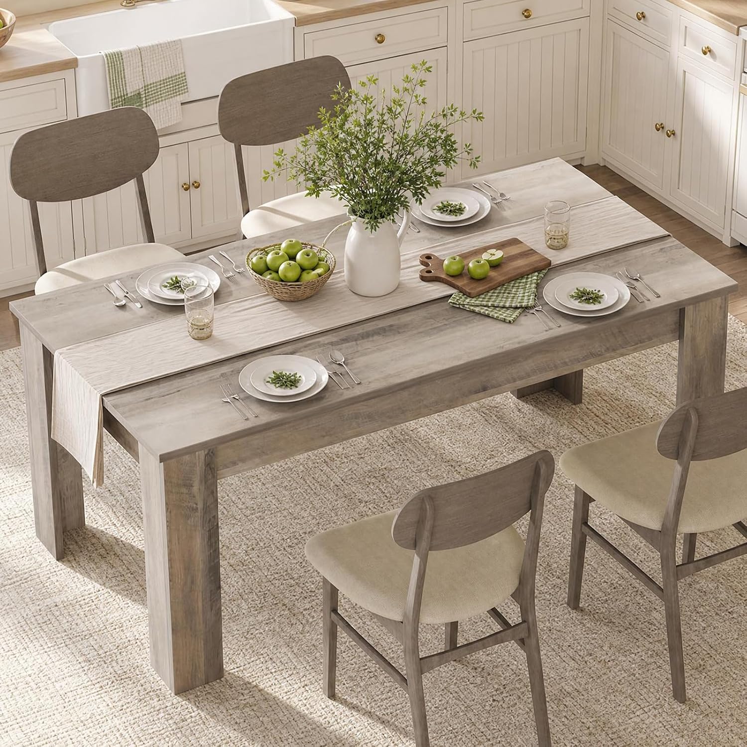 CABIHOME 63" Rectangular Dining Table for 4-6, Farmhouse Large Kitchen Table, Sturdy Frame, 4 Triangular Stable Legs, Thickened Tabletop, Ideal for Apartment, Dining Room, Small Space, Retro Gray