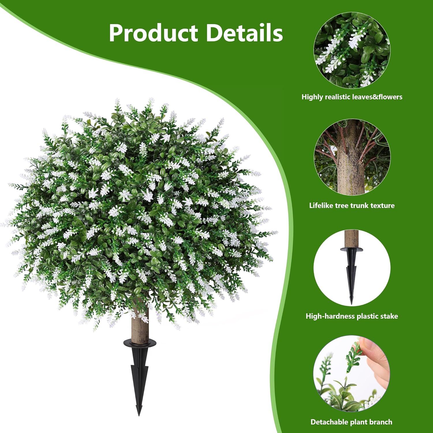 HyeFlora 26'' Artificial Topiary Boxwood Ball Trees with Lavender 2 Pack Fake Plants for Outdoor Indoor Artificial Shrubs with Ground Spike UV Resistant Fake Bushes for Front Porch Garden (White)