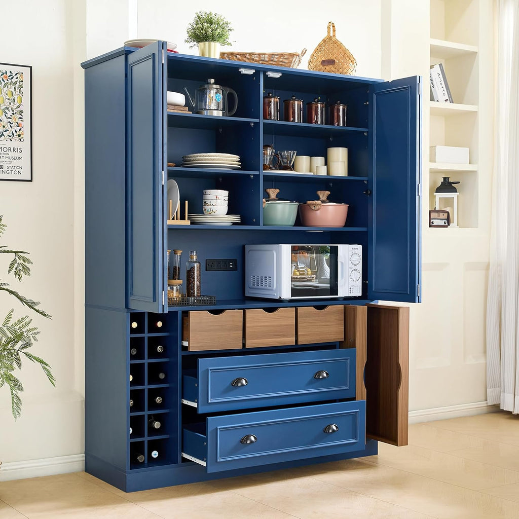 Farmhouse 71''H Large Kitchen Pantry,Deepen Dining Storage Cupboard with 4 Foldable Doors,Power Outlet, Shelves, Wine Racks and Serving Trays (Blue/FD)