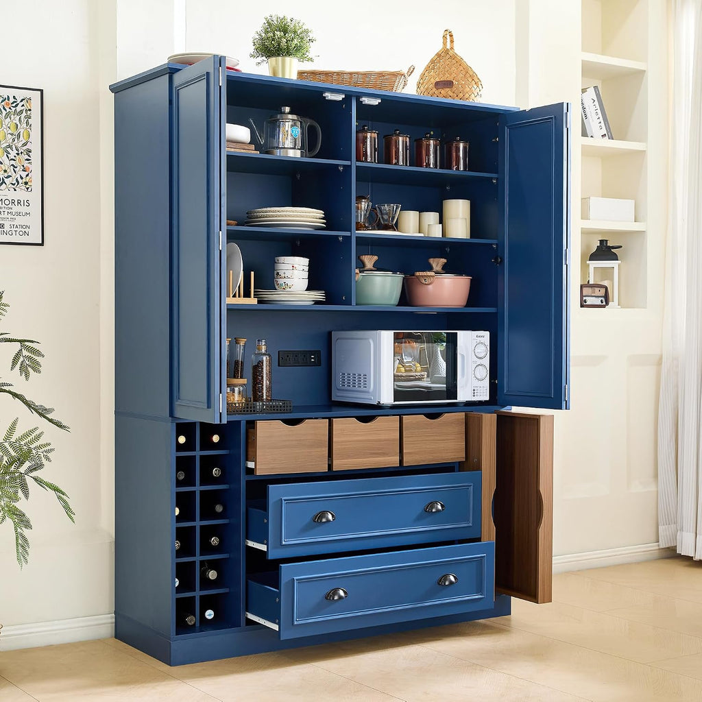 Farmhouse Kitchen Pantry Storage Cabinet with 4 Foldable Doors, Freestanding Large Cupboard with Power Outlet, Shelves, Wine Racks and Serving Trays for Dining Room, Kitchen (Blue)