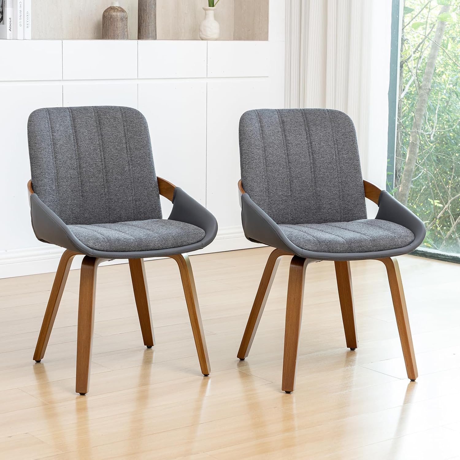Dining Room Chairs Set of 4, Mid Century Modern Gray Fabric+Faux Leather Kitchen Chairs No Arms,Bamboo Legs Side Chairs No Wheels,Accent Chair for Dining Rooms
