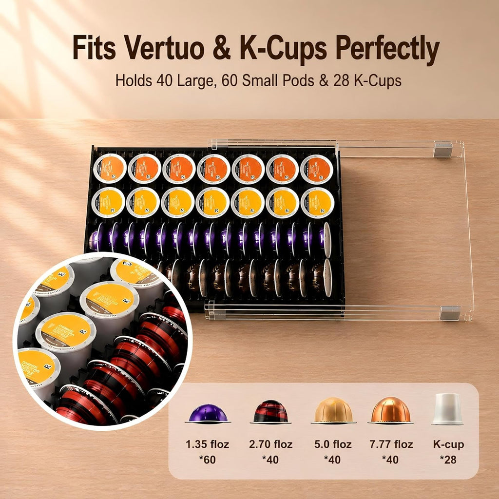 Coffee Pod Drawer Organizer for Nespresso Vertuo Pods,Acrylic Coffee Pod Holder Holds 40 Large or 60 Small Capsules or 28 K-Cups,Pull-Out Drawer with Anti-Slip Base for Home & Office,Matte Black