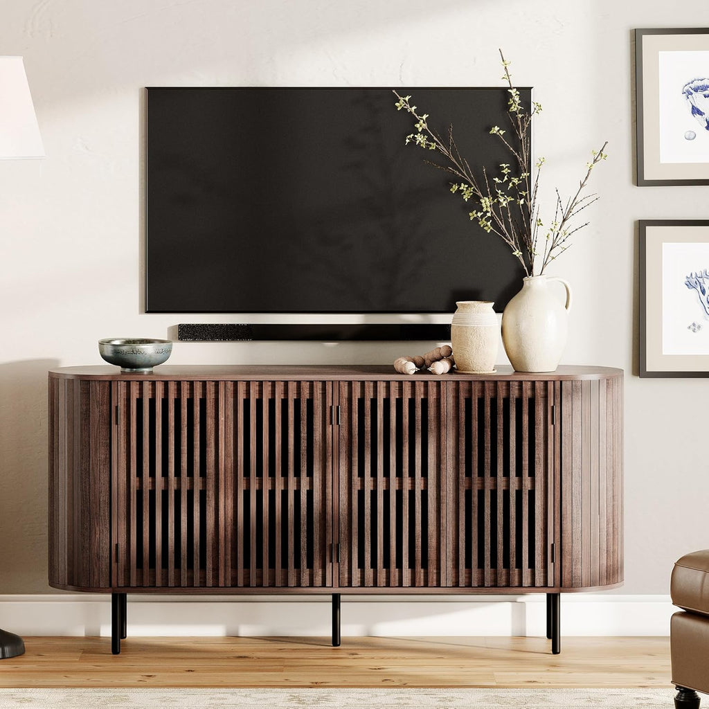 WAMPAT 66" Fluted Sideboard Buffet Cabinet, Wood Storage Cabinet with 4 Doors, Mid Century Modern Credenza for Dining Room, Living Room, Kitchen, Walnut