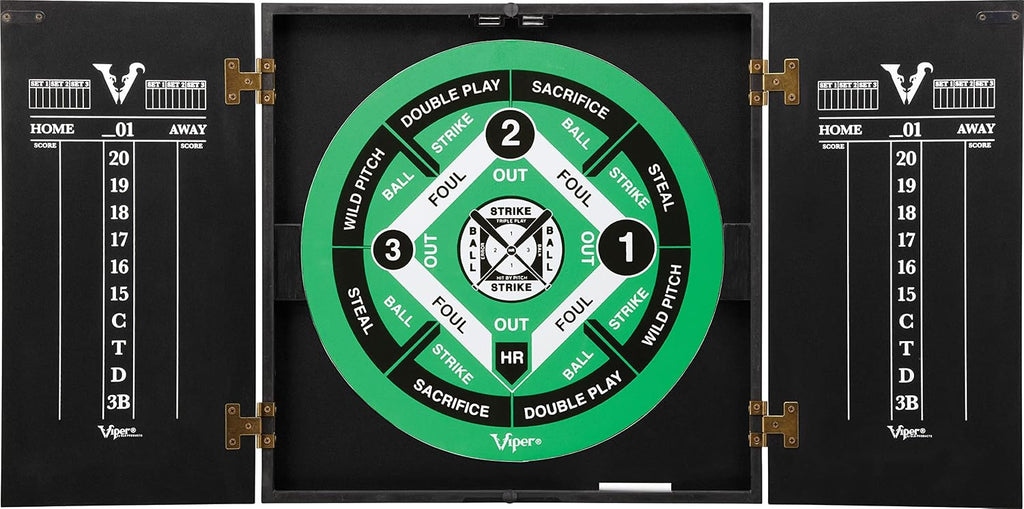 Viper Hideaway Dartboard Cabinet Set with Steel-Tip Dart Board, Reversible Board with Baseball Game Option, Two Sets of Darts, Chalk Scoreboards, and Matte Black Finish
