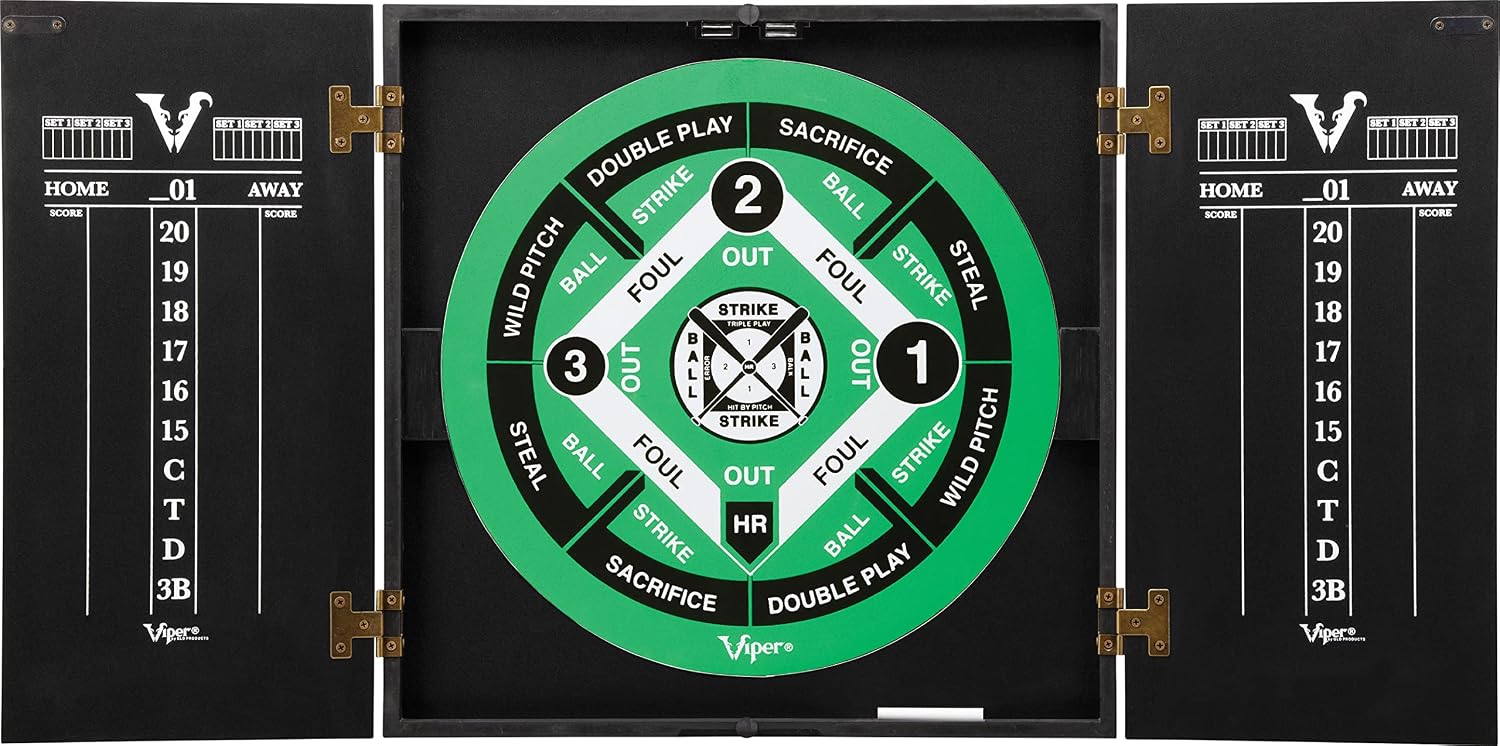 Viper Hideaway Dartboard Cabinet Set with Steel-Tip Dart Board, Reversible Board with Baseball Game Option, Two Sets of Darts, Chalk Scoreboards, and Matte Black Finish