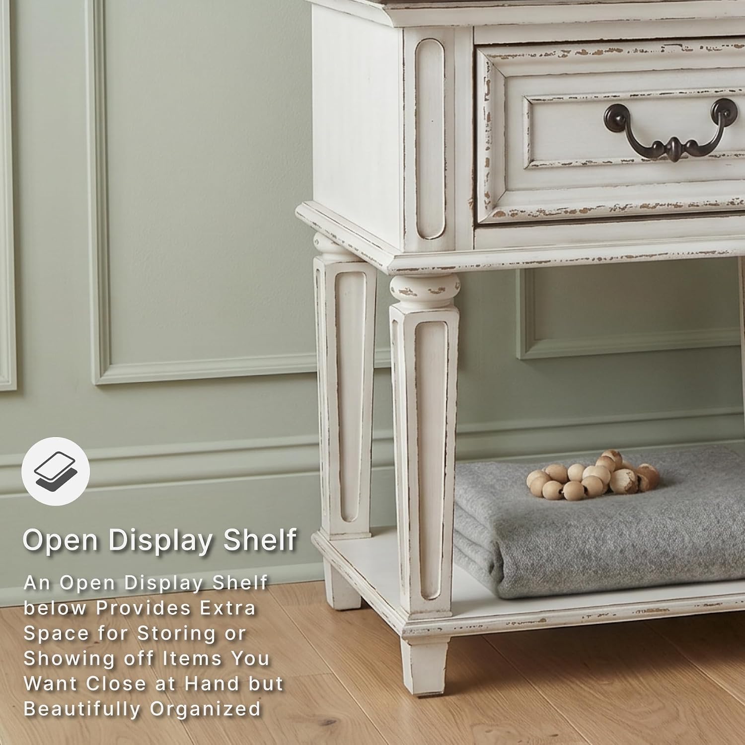 Signature Design by Ashley Realyn Traditional Cottage 1 Drawer Nightstand with Dovetail Construction & Open Display Shelf, Chipped White, 27" Tall, Distressed Brown