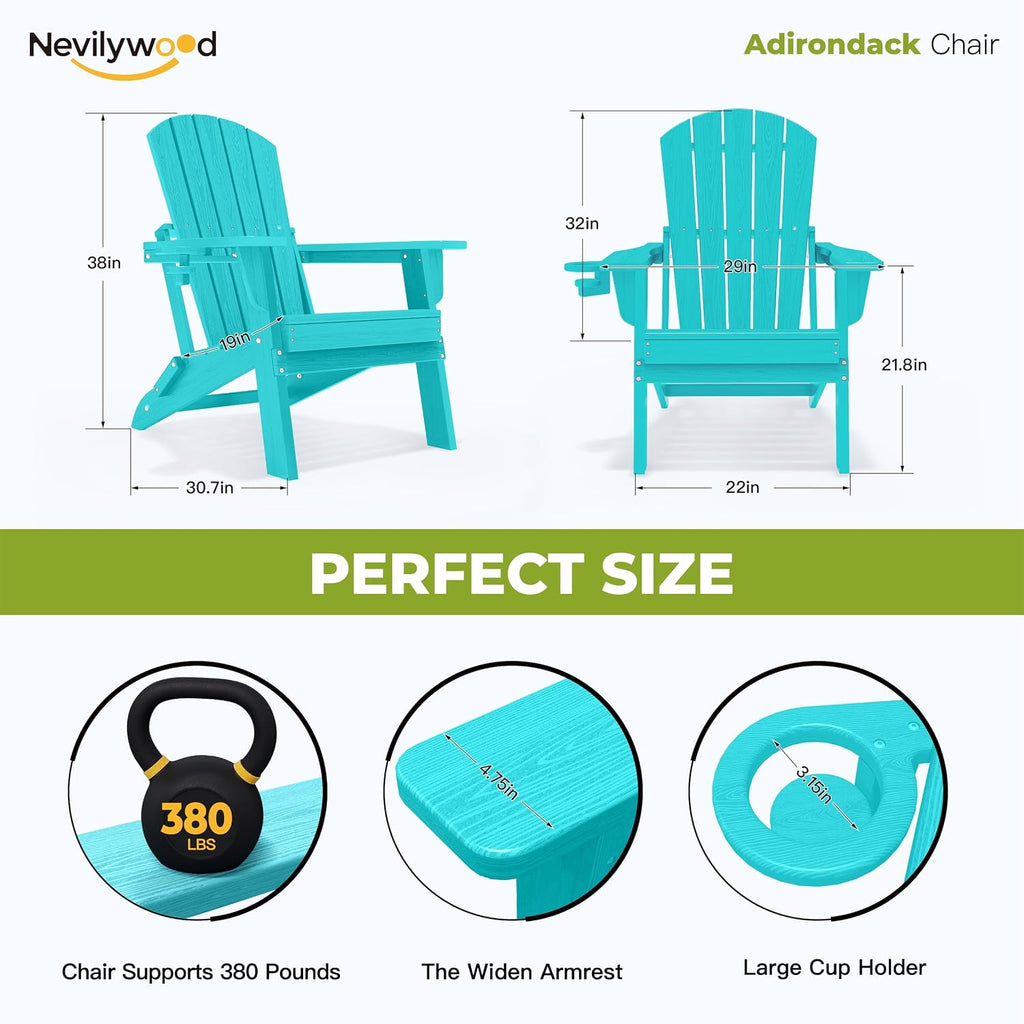 nevilywood HDPE Foldable Adirondack Chairs Set of 2, Waterproof All-Weather Outdoor Design, for Fire Pit, Patio & Beach, Aruba