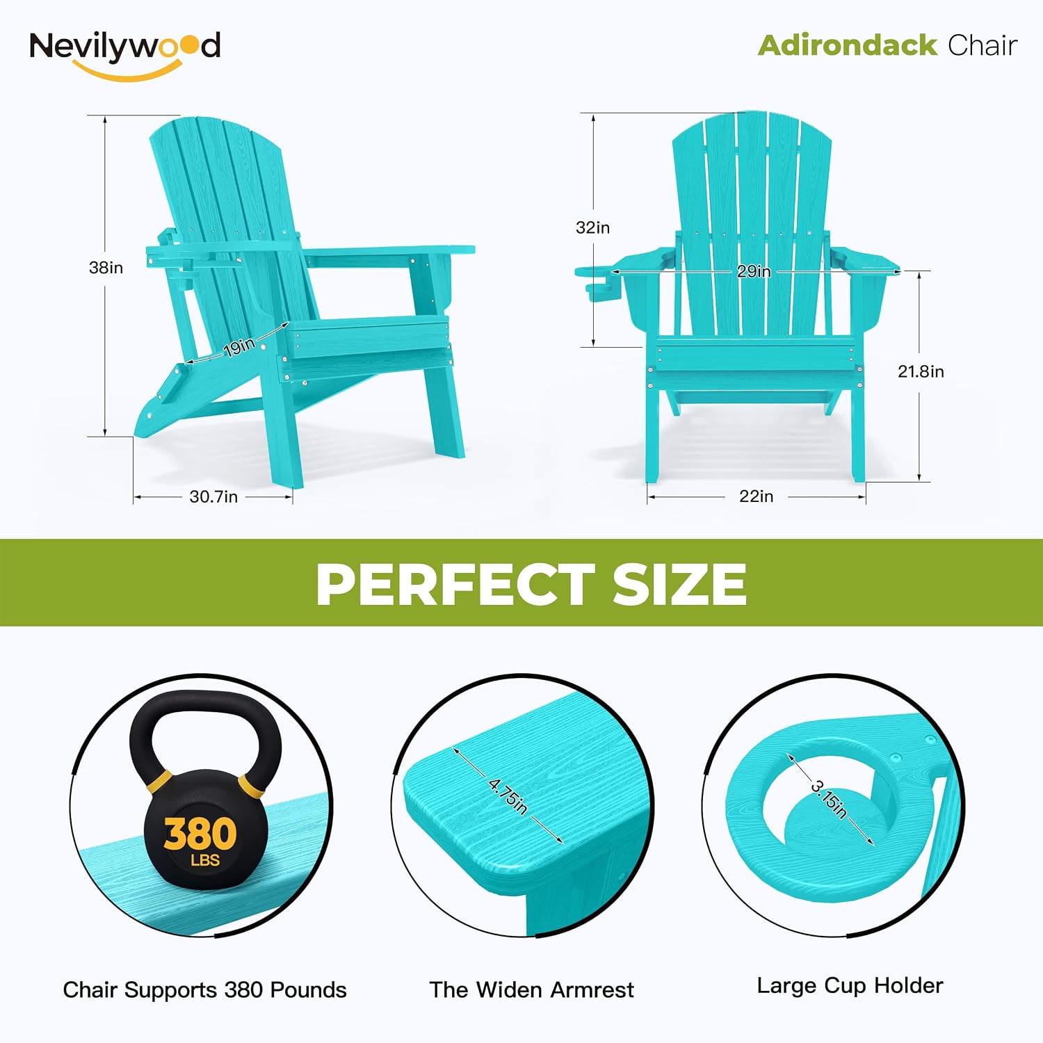 nevilywood HDPE Foldable Adirondack Chairs Set of 2, Waterproof All-Weather Outdoor Design, for Fire Pit, Patio & Beach, Aruba