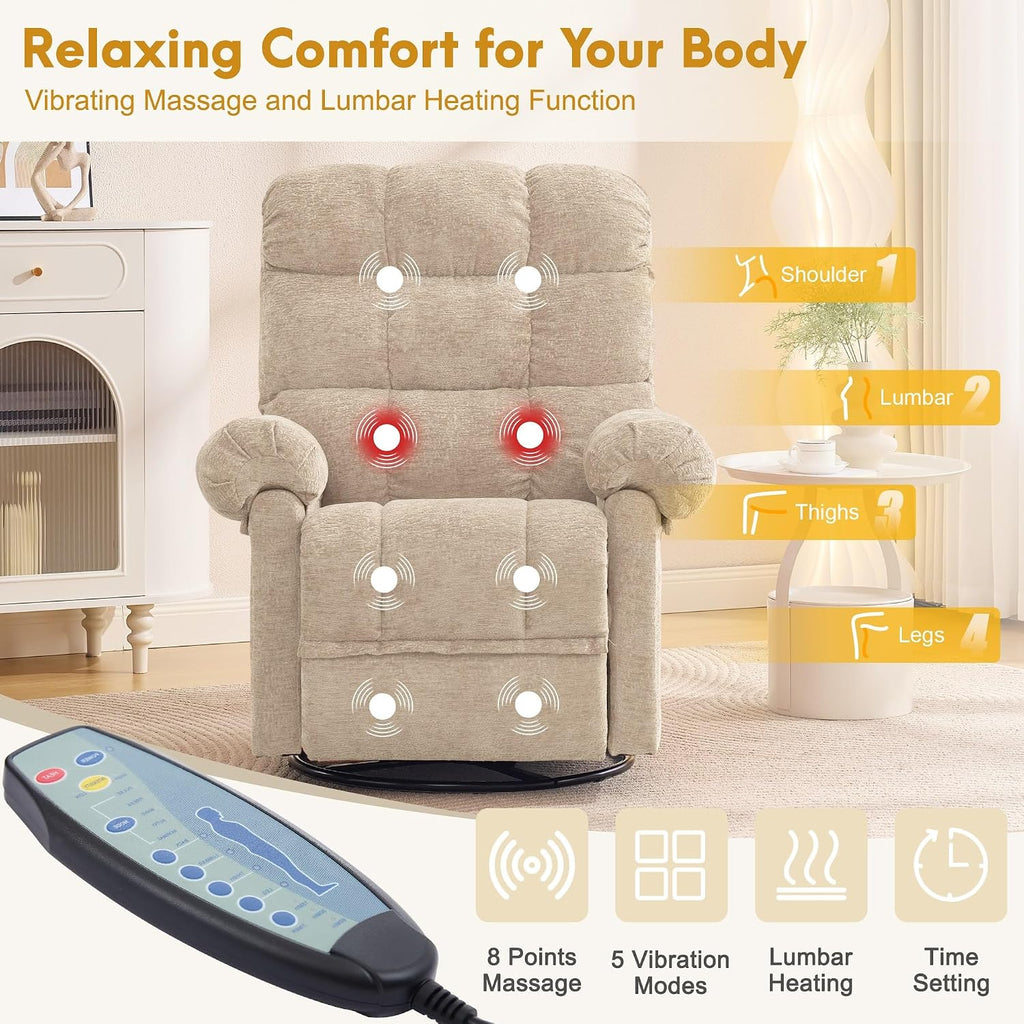 Korser 360° Swivel Rocker Recliner Chair, Rocking Chair Nursery with Massage and Heat, Small Recliners for Small Space, Manual Recliner Chair with Cozy Chenille Fabric, Side Pockets for Living Room
