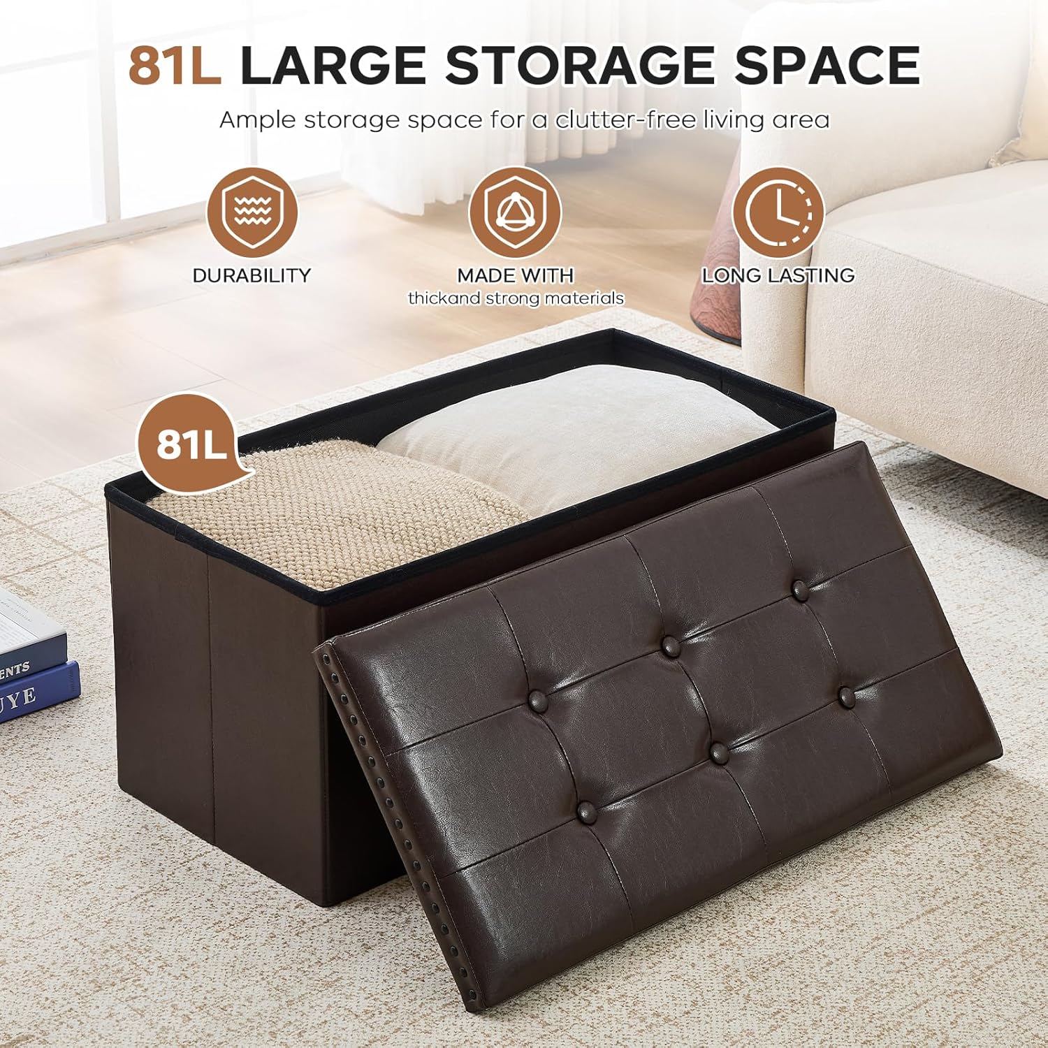 oakvivo 30 Inches Folding Storage Ottoman Bench, Ottoman PU Leather Tuffed End of Bed Bench, Foot Rest with Rivet Design, Ottoman with Storage for Living Room, Bedroom, Entryway, Coffee Brown