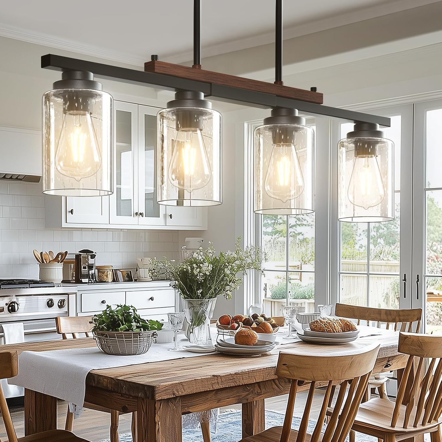 Amico Dining Room Light Fixture 4-Light Kitchen Island Lighting with Adjustable Rods, Farmhouse Decor Black Metal & Wood Chandelier with Seeded Glass Shade, Island Lights for Kitchen