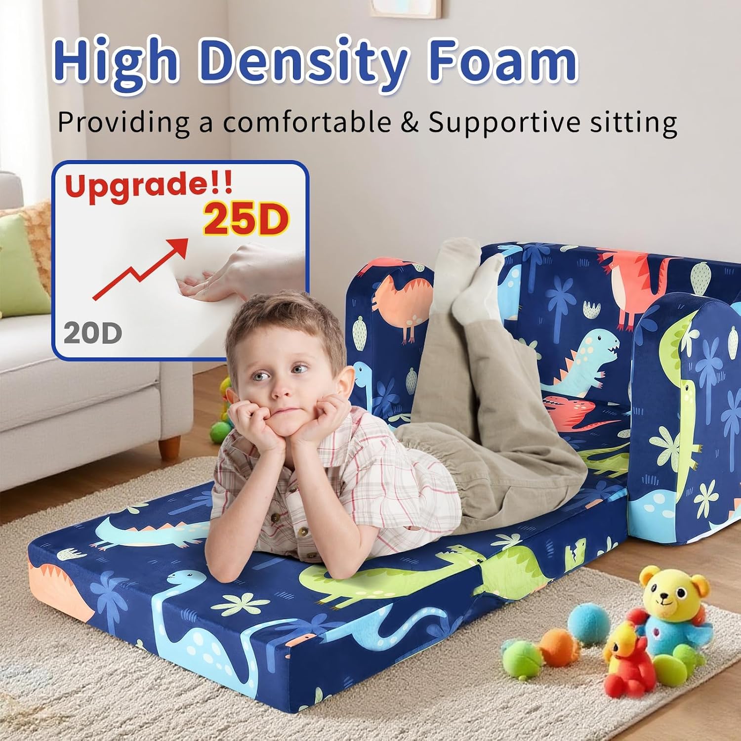 Kids Couch Sofa Toddler Sofa Dinosaur 2-in-1 Foldable Toddler Couch Bed Flip Open Kids Chair for Playroom Bedroom Gift Boys Girls