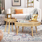 RUSTOWN 2-Piece Farmhouse Coffee Table, Modern Rustic Sofa Side Tea Tables, Solid Wood Finish with Crafted Rattan Side and End Table Sets for Living Room (Natural)