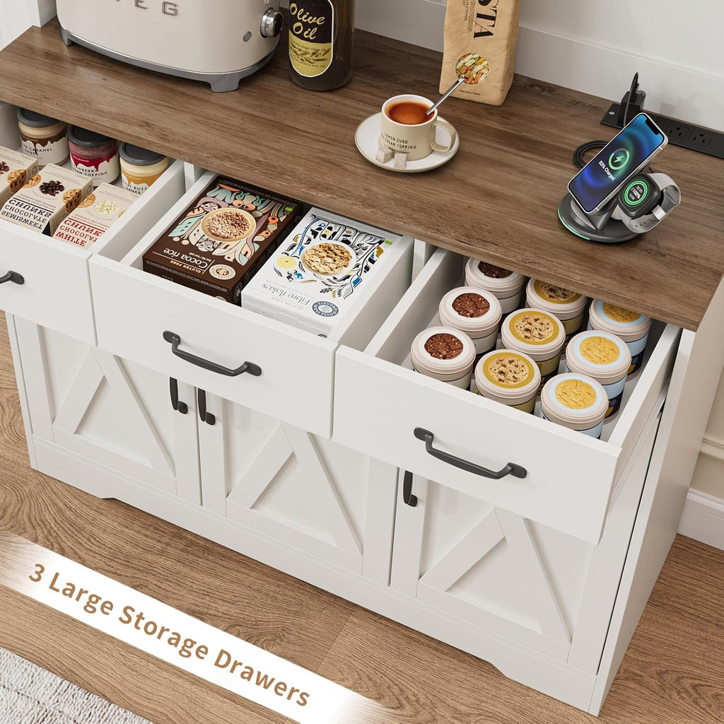 71'' Tall Kitchen Pantry Storage Cabinet with Charging Station, Farmhouse Pantry Cabinet with 3 Drawers & 4 Cabinets, Wide Kitchen Hutch with Countertop for Dining Room, White