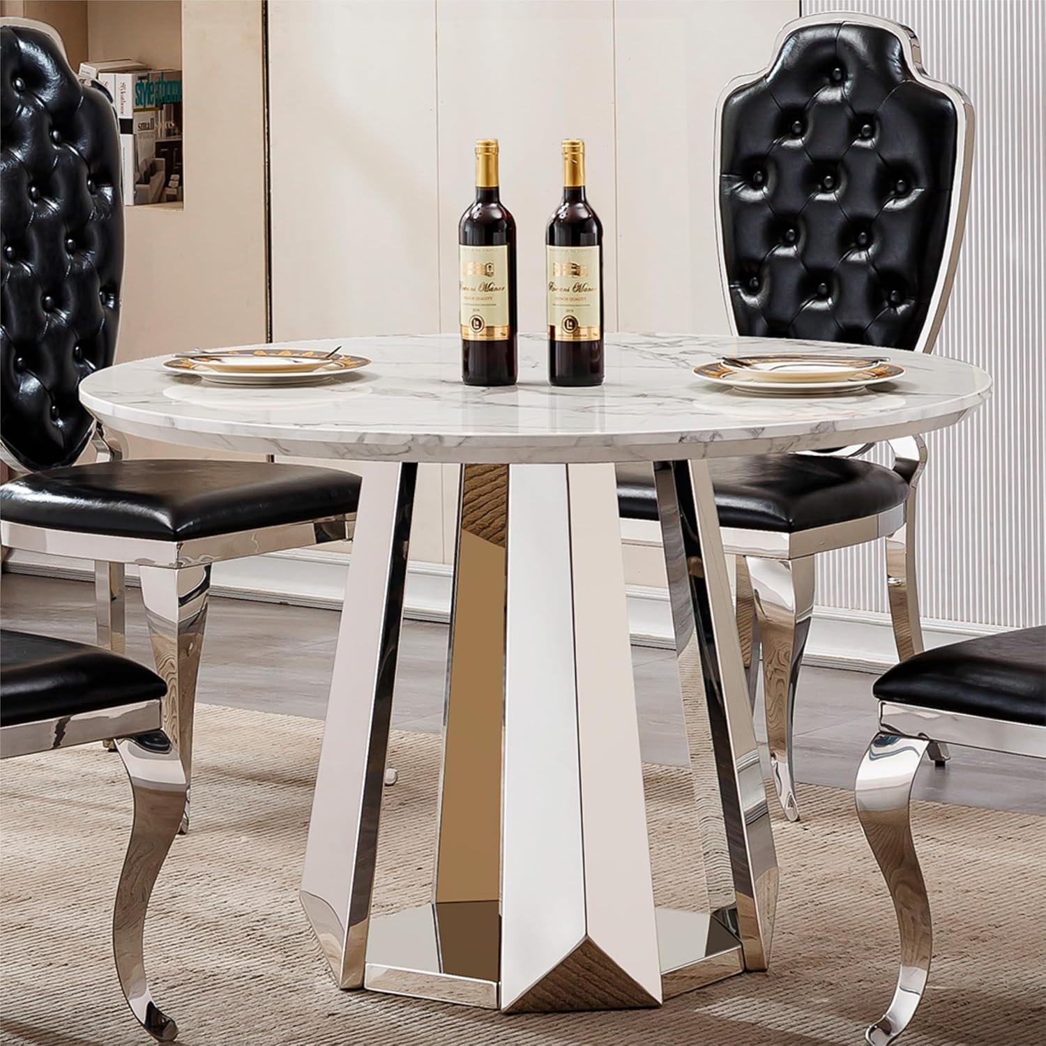 47" Round Dining Table, Mid-Century Modern Round Kitchen Table for 4-6People, High Gloss Faux Marble Tabletop and Stainless Steel Base for Dining Room, White Silver