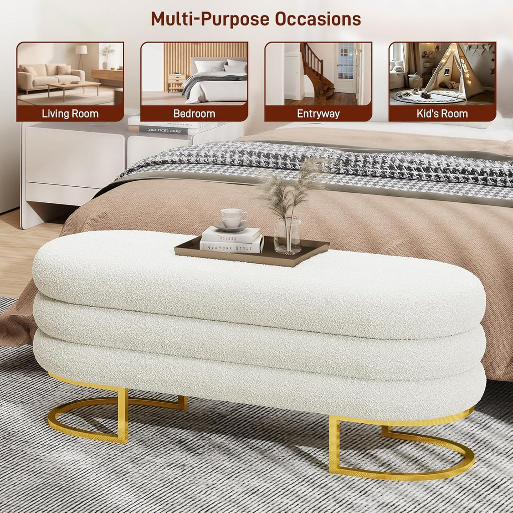 Vabches 49" Ottoman with Storage, Storage Bench with Golden Metal Leg Large Oval Upholstered Linen End of Bed Bench for Living Room, Bedroom, Window & Entryway, 330 lb Capacity, White