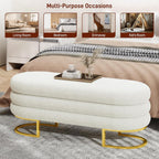 Vabches 49" Ottoman with Storage, Storage Bench with Golden Metal Leg Large Oval Upholstered Linen End of Bed Bench for Living Room, Bedroom, Window & Entryway, 330 lb Capacity, White