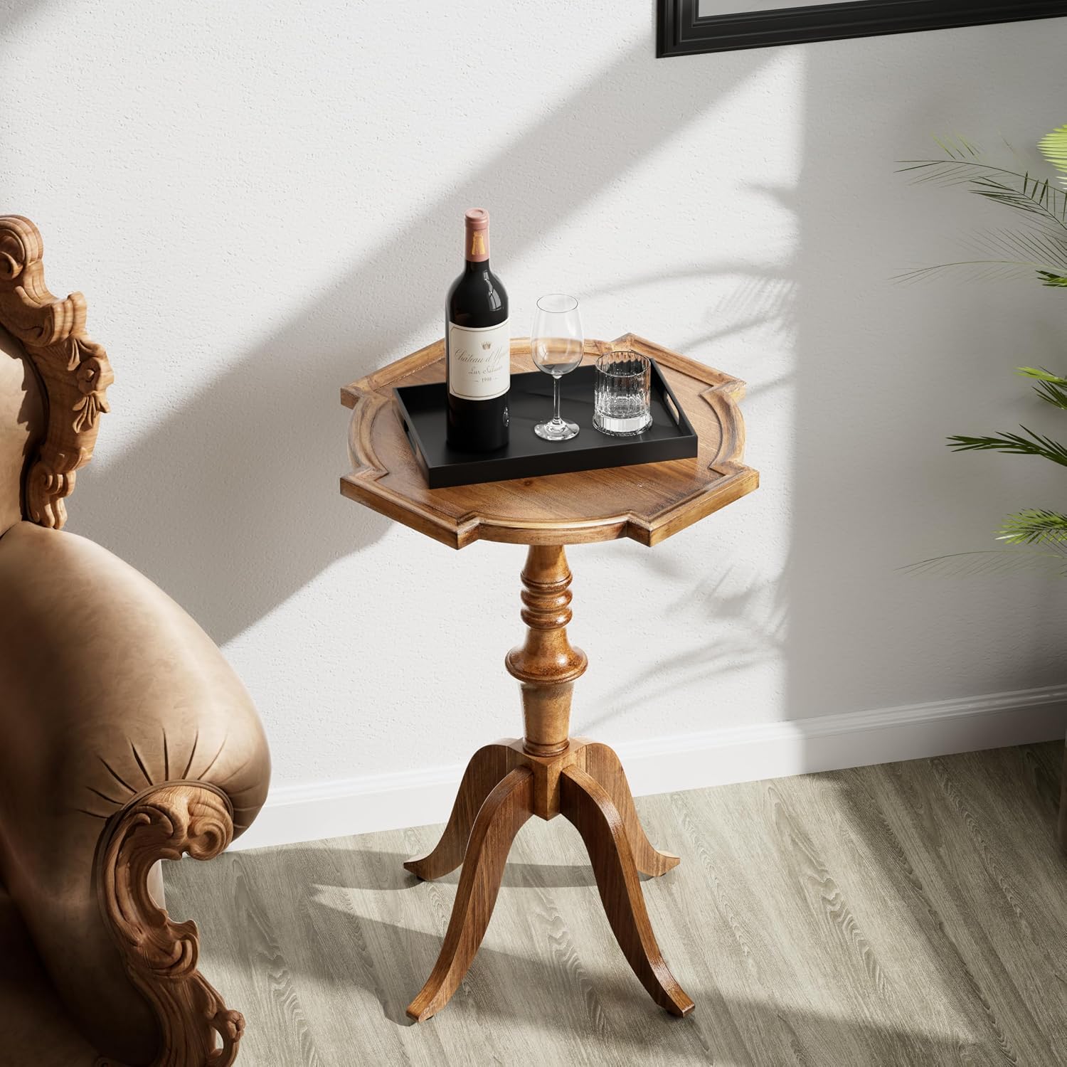 COZAYH Rustic Pedestal End Table, Distressed Farmhouse Side Table with Unique Tray-Style Wooden, Accent End Table for Bedroom, Living Room, Entryway, Brown