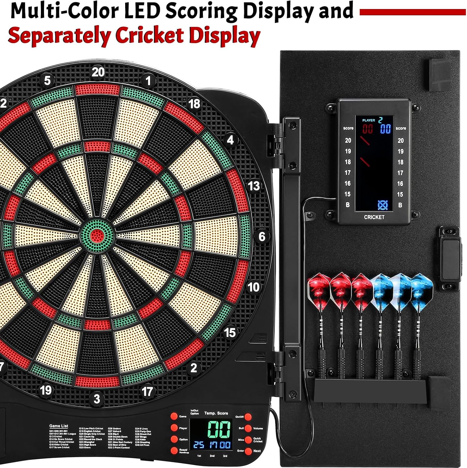 Electronic Dartboard Cabinet, Digital Soft Tip Dartboards with LED Scoreboard, Dart Board Set with 40 Games 420 Variants, 6 Darts, 100 Tips
