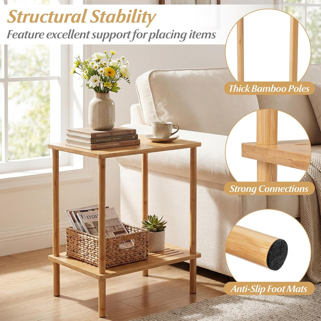 Giantex Bamboo Side Table Set of 2, 2-Tier Sofa End Bedside Table w/Storage Shelves, Rectangular Accent Coffee Tables, Narrow Nightstand for Small Spaces, Boho Night Stand for Living Room Bedroom